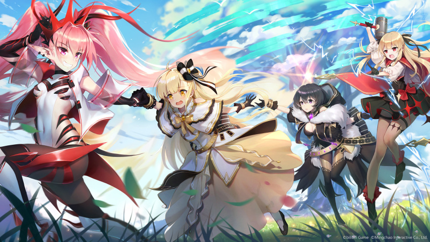 4girls, ark_order, artist_request, baldr_(ark_order), black_bow, black_eyes, black_footwear, black_gloves