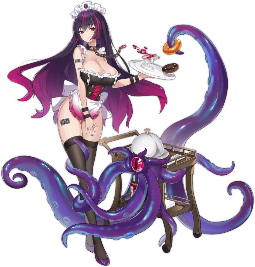 1girl, apron, ark_order, black_corset, black_hair, black_legwear, black_nails, black_shirt, bottle, bracelet, breasts, cart, chain, collar, corset, cthulhu_mythos, cup, doughnut, eldritch_abomination, food, frilled_apron, frilled_shirt, frills, full_body, holding, holding_plate, holding_tray, jewelry, large_breasts, maid_headdress, multicolored_hair, official_art, pink_hair, plate, purple_footwear, red_eyes, serving_dome, shirt, shoes, shoggoth, shoggoth_(ark_order), sk_tori, solo, streaked_hair, tachi-e, teacup, tentacles, thigh-highs, transparent_background, tray, waist_apron, white_apron, wine_bottle