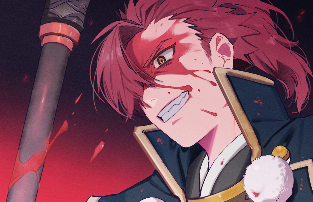 1boy, armor, bangs, blood, blood_on_face, blood_on_weapon, face, fate/grand_order