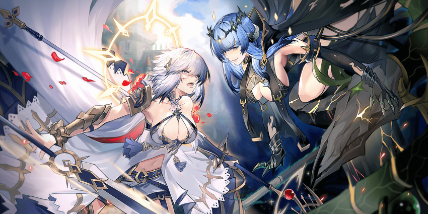 2girls, animal_skull, ark_order, armor, artist_request, balor_(ark_order), bangs, black_dress