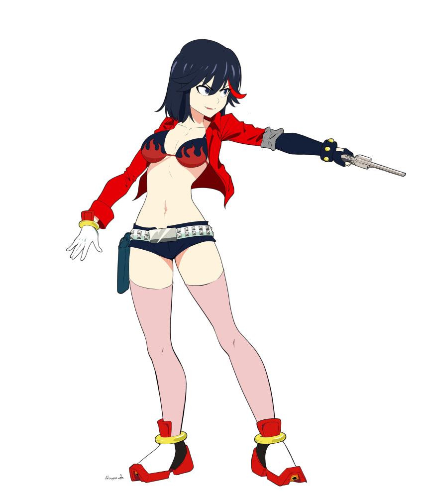 1girl, absurdres, bikini, bikini_top_only, black_hair, blue_eyes, breasts, cosplay, full_body, gun, highres, jacket, kill_la_kill, matoi_ryuuko, multicolored_hair, porougon, redhead, shoes, short_hair, shorts, signature, swimsuit, tengen_toppa_gurren_lagann, thigh-highs, weapon, yoko_littner, yoko_littner_(cosplay)