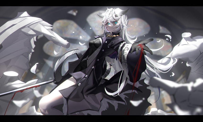1girl, absurdres, animal_ears, arknights, bangs, black_bow, black_gloves, blood