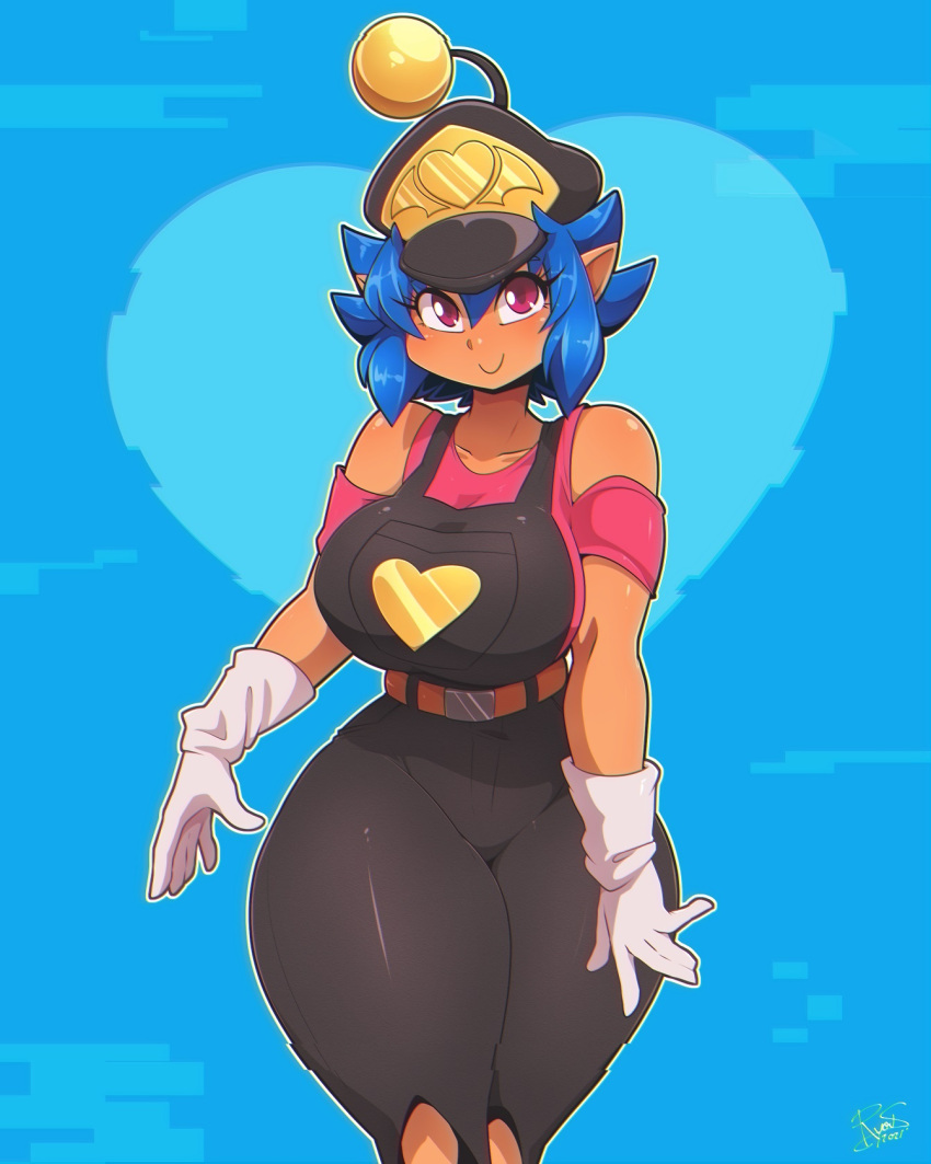 1girl, black_headwear, black_pants, blue_hair, blush, borrowed_character, breasts, closed_mouth, collarbone, dark-skinned_female, dark_skin, emi_(twistedgrim), gloves, heart, highres, large_breasts, long_hair, original, overalls, pants, pink_eyes, pink_shirt, pointy_ears, ryou_sakai, shirt, short_hair, smile, solo, thick_thighs, thighs, white_gloves