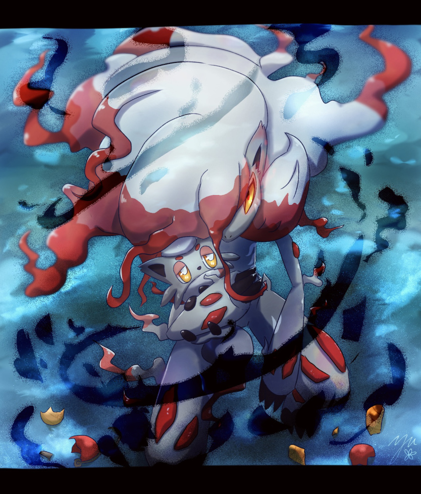 bright_pupils, carrying, claws, commentary_request, evolutionary_line, highres, hisuian_zoroark, hisuian_zorua