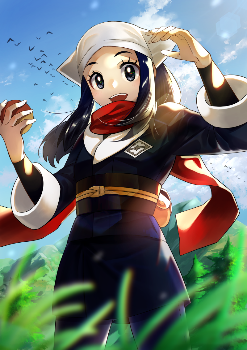 1girl, :d, akari_(pokemon), bird, black_hair, black_jacket, black_sash, black_shirt, black_skirt, blurry, brown_bag, clouds, commentary, day, eyelashes, floating_scarf, grass, hands_up, head_scarf, holding, holding_poke_ball, jacket, open_mouth, outdoors, poke_ball, pokemon, pokemon_(game), pokemon_legends:_arceus, ponytail, red_scarf, sakuho_sakutomo, sash, scarf, shirt, sidelocks, skirt, sky, smile, solo, standing, teeth, upper_teeth, white_headwear