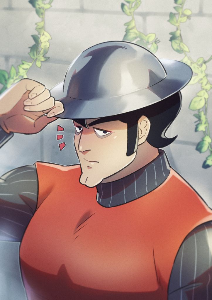 1boy, alternate_costume, bebinn, black_eyes, black_hair, commentary_request, day, double_chin