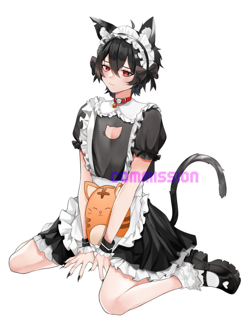1boy, absurdres, animal_ears, apron, bell, blush, brown_hair, cat_boy, cat_ears, cat_tail, collar, crossed_arms, dream_e, highres, looking_at_viewer, maid, maid_apron, maid_headdress, neck_bell, p0nsea, pale_skin, pipoyo_(vtuber), red_eyes, tail, virtual_youtuber