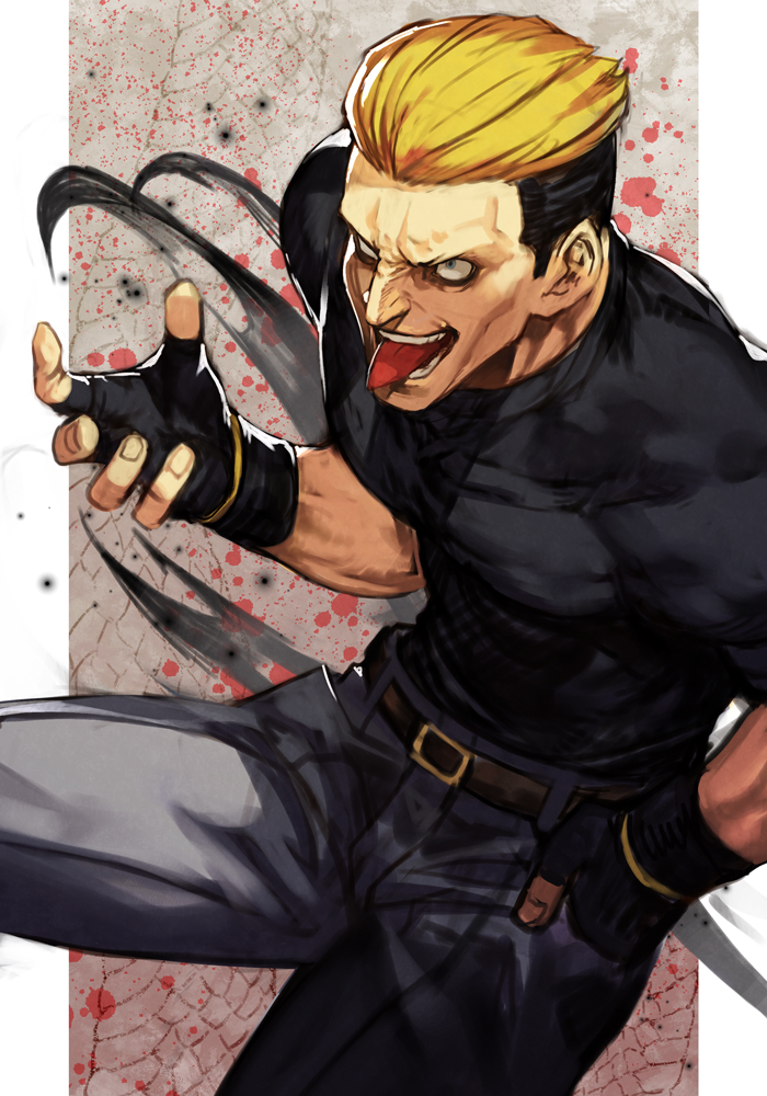 1boy, abs, angry, black_gloves, black_hair, black_shirt, blonde_hair, blood