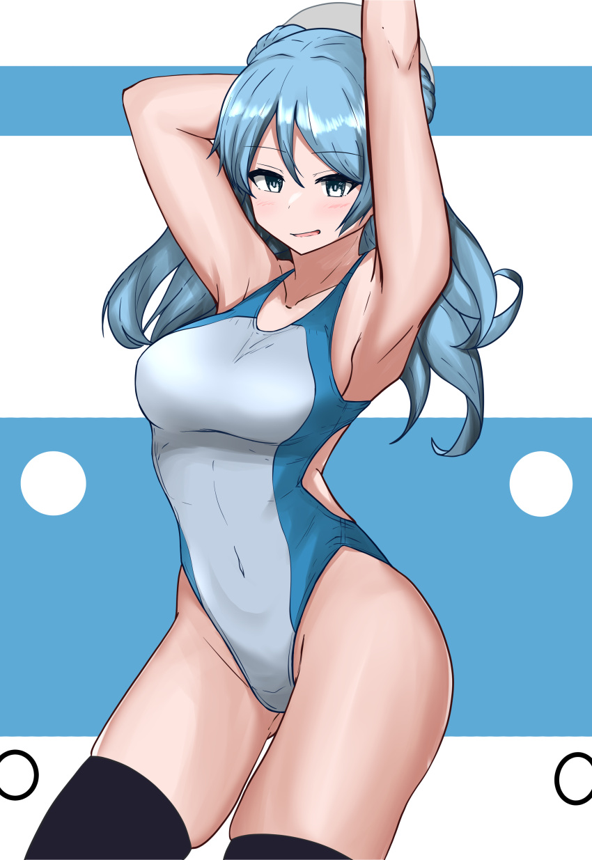 1girl, absurdres, arm_behind_back, arm_up, black_legwear, blue_eyes, blue_hair, breasts