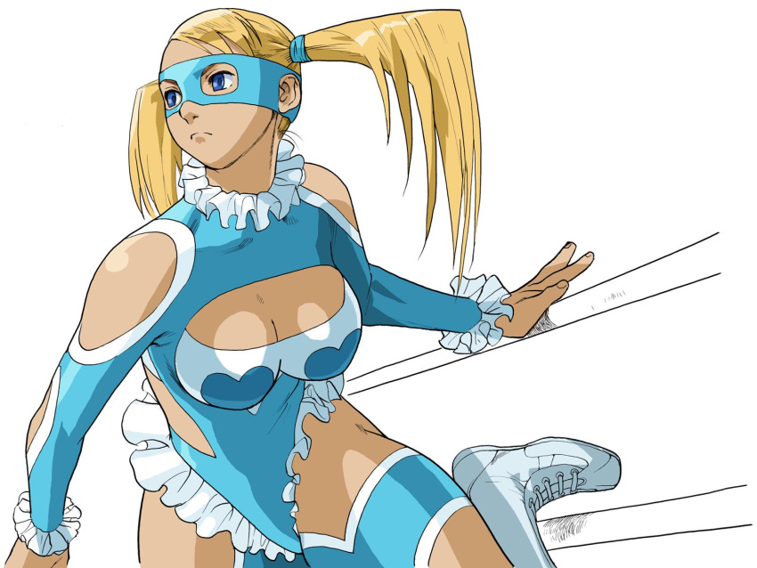 bare_shoulders, bengus, blonde_hair, blue_eyes, boots, breasts, capcom, cleavage