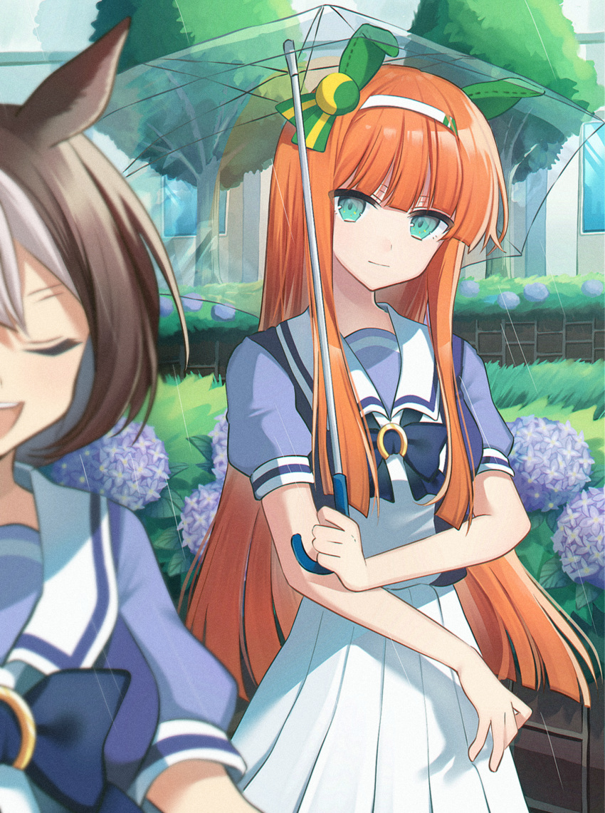 2girls, animal_ears, blurry, blurry_foreground, commentary_request, ear_covers, flower, green_eyes