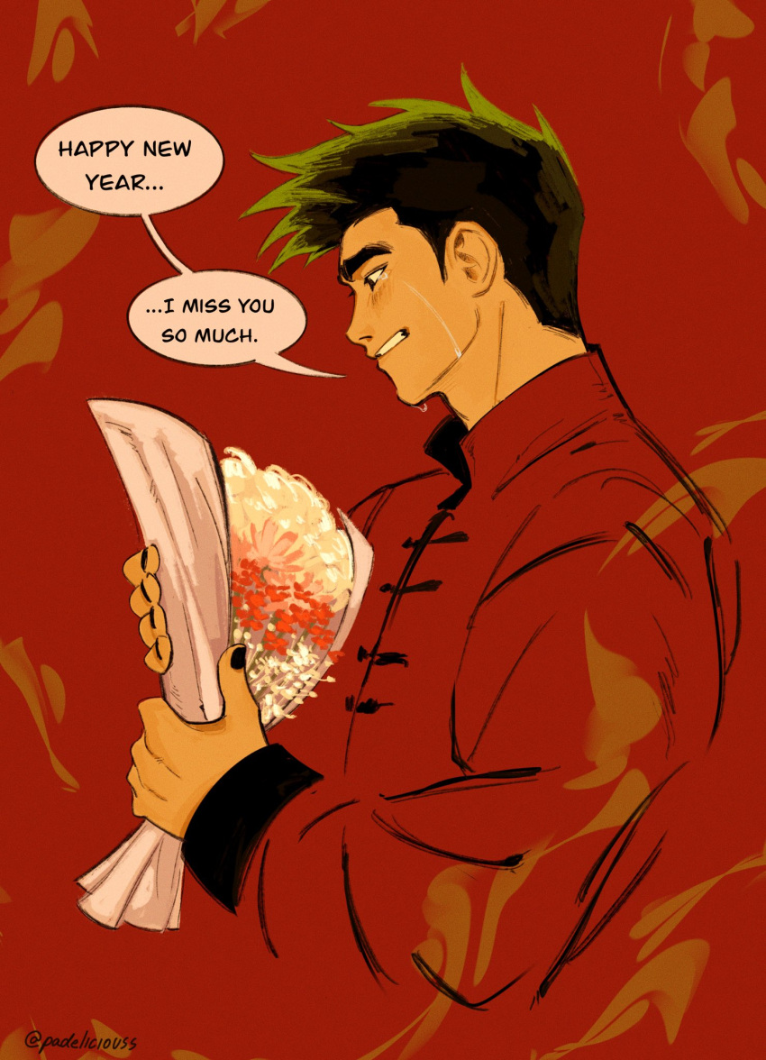 1boy, american_dragon_jake_long, black_eyes, black_hair, black_nails, bouquet, brush_stroke, chinese_clothes, chinese_new_year, clenched_teeth, cropped_torso, crying, crying_with_eyes_open, english_text, faux_traditional_media, from_side, highres, holding, holding_bouquet, jacket, jake_long, looking_down, male_focus, mandarin_collar, older, padeliciouss, red_background, red_jacket, sad, short_hair, solo, speech_bubble, spiky_hair, tangzhuang, tears, teeth, twitter_username