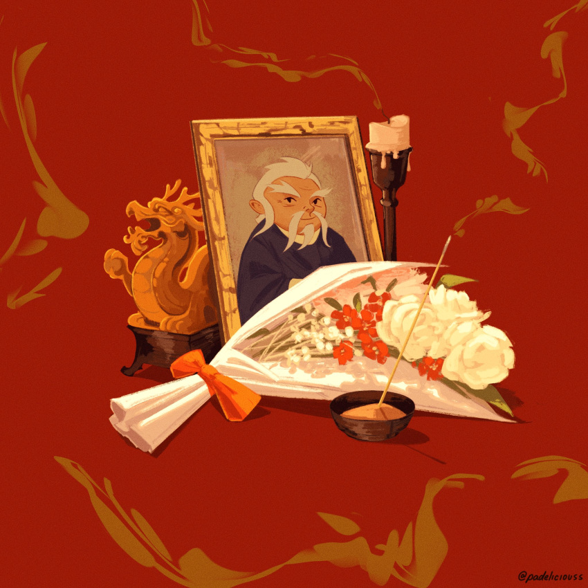 1boy, american_dragon_jake_long, black_eyes, bouquet, bow, candle, candle_wax, candlestand