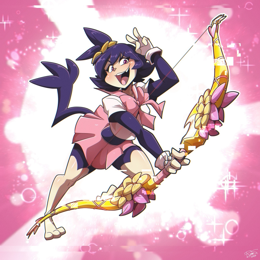 1girl, animaniacs, black_hair, blush, bow, bow_(weapon), dot_warner, eyebrows_visible_through_hair