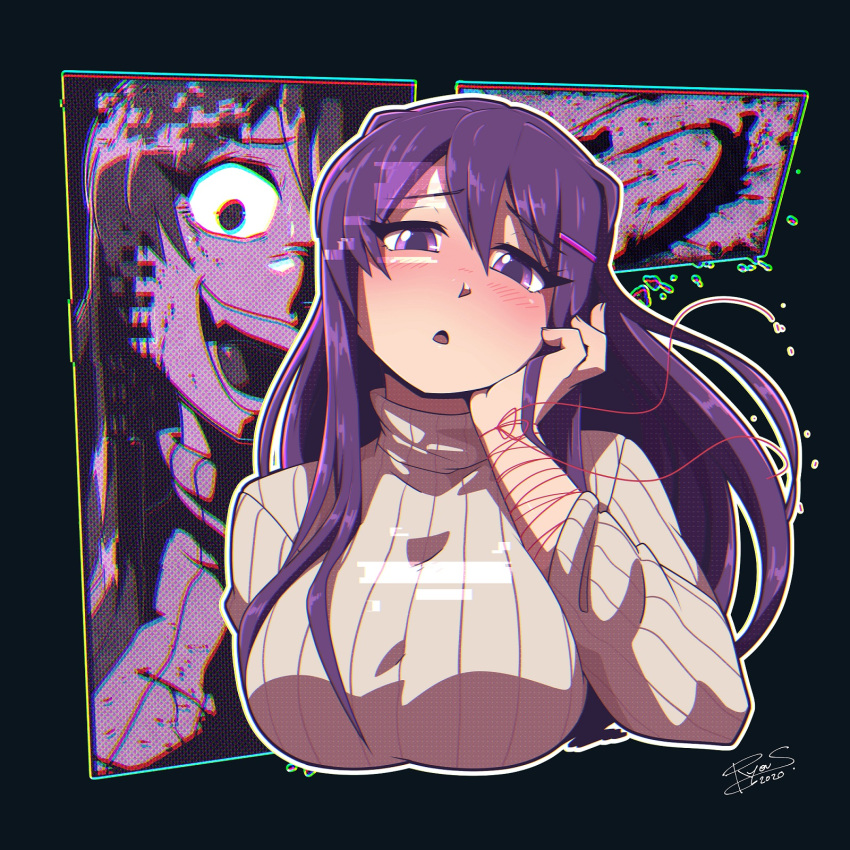 1girl, breasts, brown_sweater, doki_doki_literature_club, evil_smile, eyebrows_visible_through_hair, hair_ornament, hairclip