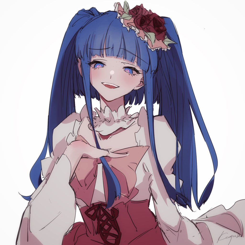 1girl, blue_eyes, blue_hair, bow, corset, dress, eyebrows_visible_through_hair, finsuess, flower, frills, furudo_erika, hair_ornament, long_hair, pink_bow, red_ribbon, ribbon, simple_background, smile, solo, twintails, umineko_no_naku_koro_ni, white_background