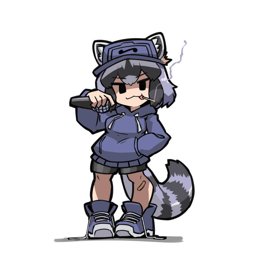 1girl, :3, absurdres, alternate_costume, animal_ears, arm_up, bandaid, bandaid_on_leg, bare_legs, baseball_cap, black_eyes, black_hair, chibi, cigarette, common_raccoon_(kemono_friends), drawstring, ears_through_headwear, eyebrows_visible_through_hair, friday_night_funkin', full_body, grey_hair, hat, highres, holding, holding_microphone, hood, hood_down, hoodie, kemono_friends, long_sleeves, looking_at_viewer, medium_hair, microphone, mouth_hold, okome_kogashi, parody, pocket, purple_hair, raccoon_ears, raccoon_girl, raccoon_tail, shoelaces, shoes, shorts, simple_background, smile, smoke, solo, style_parody, tail, white_background