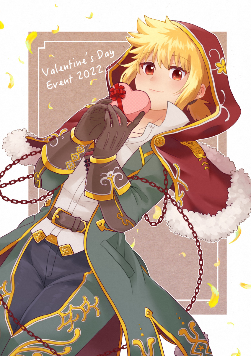1boy, absurdres, arc_(housamo), belt, blonde_hair, blush, box, capelet, chain, collared_shirt, fur-trimmed_capelet, fur_trim, gloves, heart-shaped_box, highres, holding, holding_box, looking_at_viewer, nunutarou, petals, red_capelet, red_eyes, shirt, short_hair, sidelocks, simple_background, smile, solo, tied_hair, tokyo_afterschool_summoners, valentine