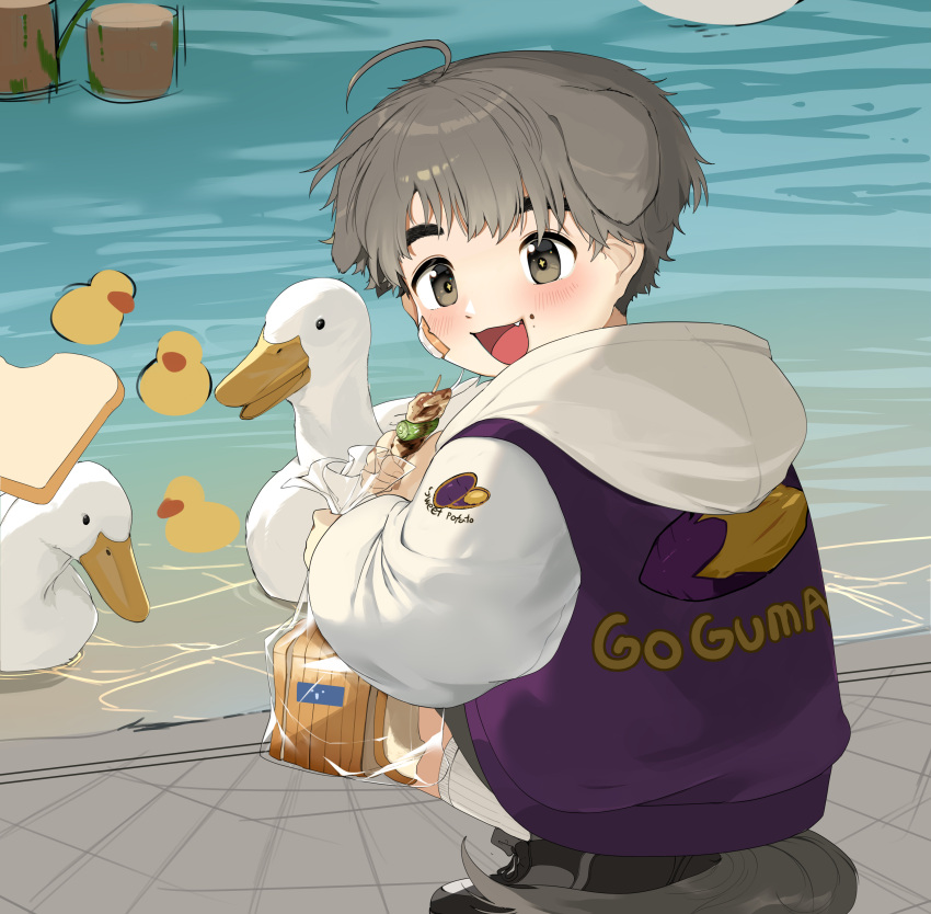 1boy, absurdres, bird, bread_slice, child, chinese_commentary, commentary_request, day