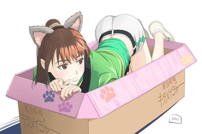 1girl, animal_ears, box, brown_eyes, brown_hair, cardboard_box, closed_mouth, fake_animal_ears