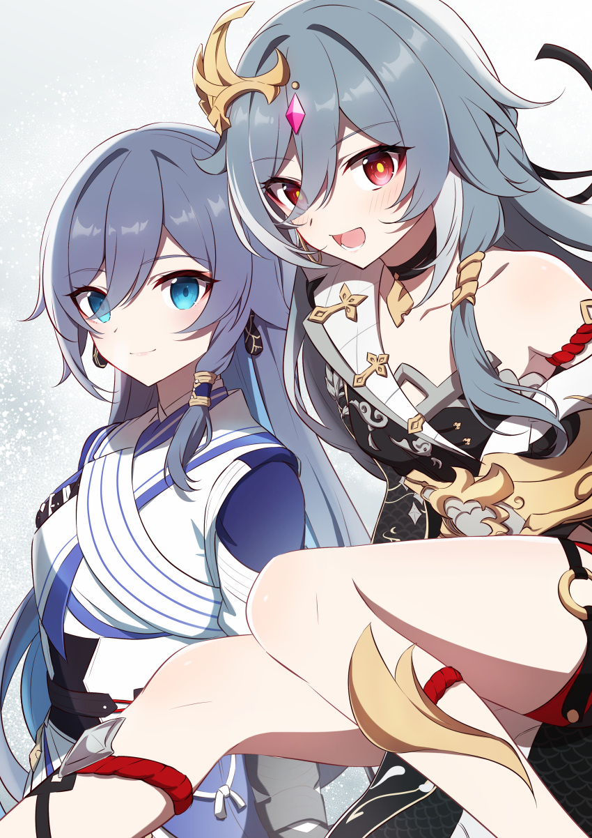 2girls, :d, absurdres, bangs, black_hair, blue_eyes, chinese_clothes, closed_mouth