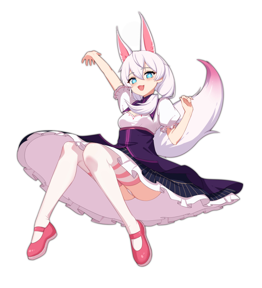 +_+, 1girl, :d, animal_ears, bangs, blue_eyes, dress, fox_ears