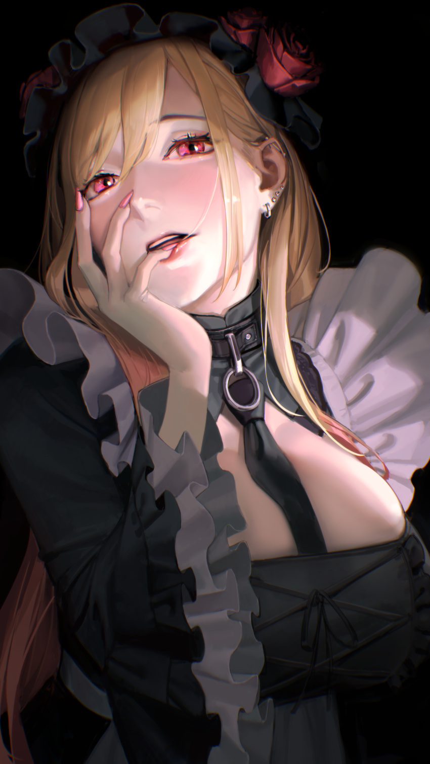 1girl, absurdres, black_background, blonde_hair, ear_piercing, earrings, highres, jewelry
