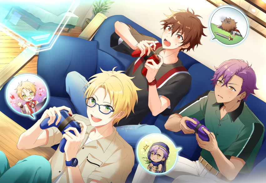 3boys, belt, blonde_hair, blue_eyes, blush, brown_eyes, brown_hair, controller