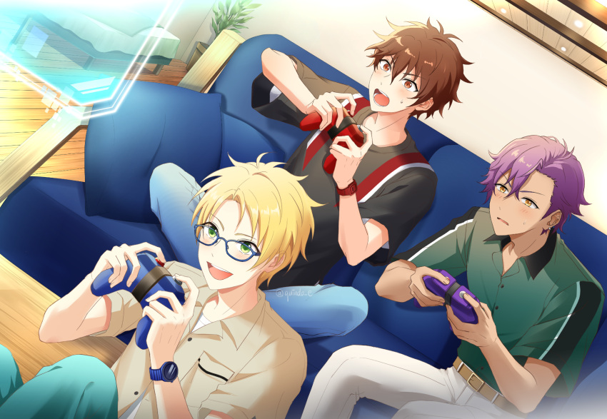 3boys, belt, blonde_hair, blue_eyes, blush, brown_eyes, brown_hair, controller