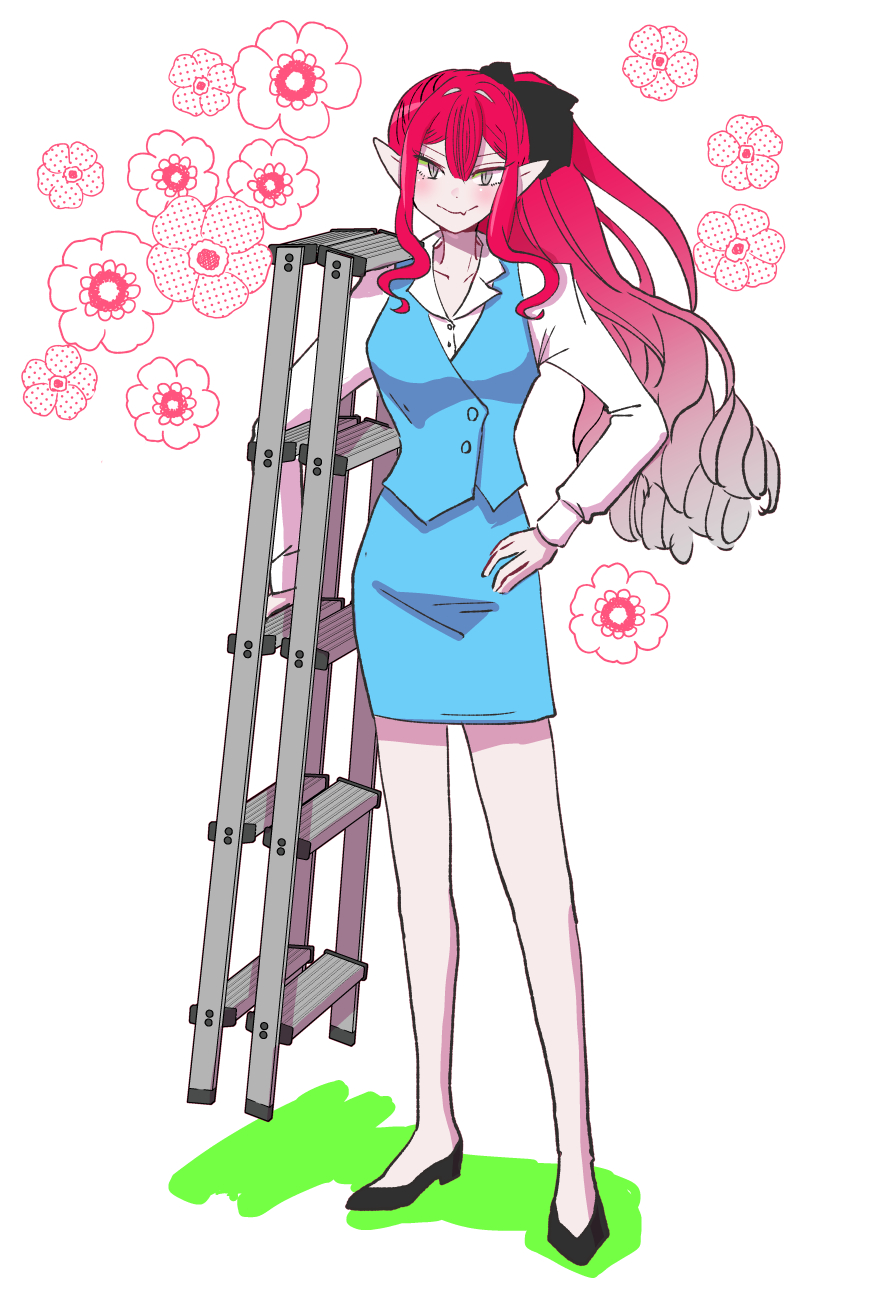 alternate_costume, black_footwear, black_ribbon, blue_skirt, blue_vest, blush, commentary_request, embarrassed