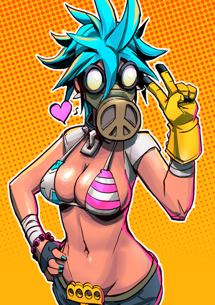 1girl, american_flag_bikini, aqua_hair, aqua_nails, badoom, bikini_top, bracelet, breasts, cleavage, collar, cowboy_shot, female, fingerless_gloves, gas_mask, gasolina, gesture, gloves, hair_between_eyes, hand_on_hip, heart, jeans, large_breasts, mask, midriff, nail_polish, navel, sirk, solo, spiky_hair, teal_hair, v, yellow_background