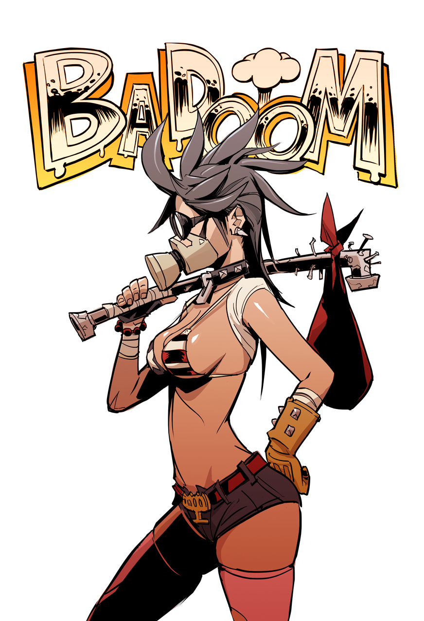 1girl, american_flag_bikini, badoom, bag, bikini_top, earrings, female, gas_mask, gasolina, holding_weapon, jean_shorts, sirk, solo, spiked_club, weapon