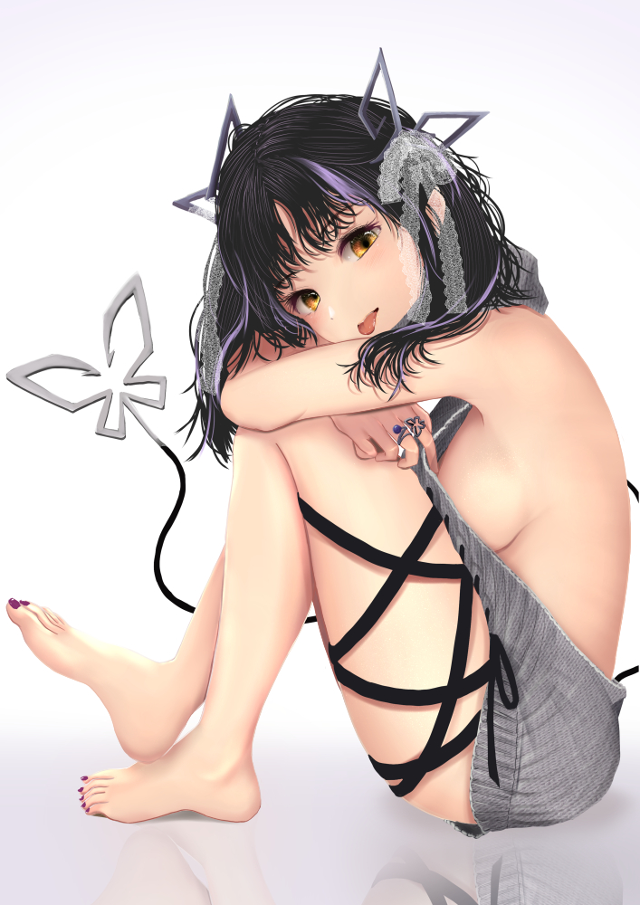 1girl, bangs, barefoot, black_hair, black_ribbon, blush, bow, breasts, commentary_request, dc24v, demon_girl, demon_horns, demon_tail, eyebrows_visible_through_hair, full_body, grey_sweater, hair_bow, horns, hugging_own_legs, jewelry, kojo_anna, lace_bow, leg_ribbon, long_hair, looking_at_viewer, medium_breasts, meme_attire, multicolored_hair, nail_polish, no_bra, official_alternate_costume, open_mouth, pointy_ears, purple_hair, ribbon, ring, sideboob, solo, sugar_lyric, sweater, tail, toenail_polish, toenails, tongue, tongue_out, two-tone_hair, virgin_killer_sweater, virtual_youtuber, white_bow, yellow_eyes