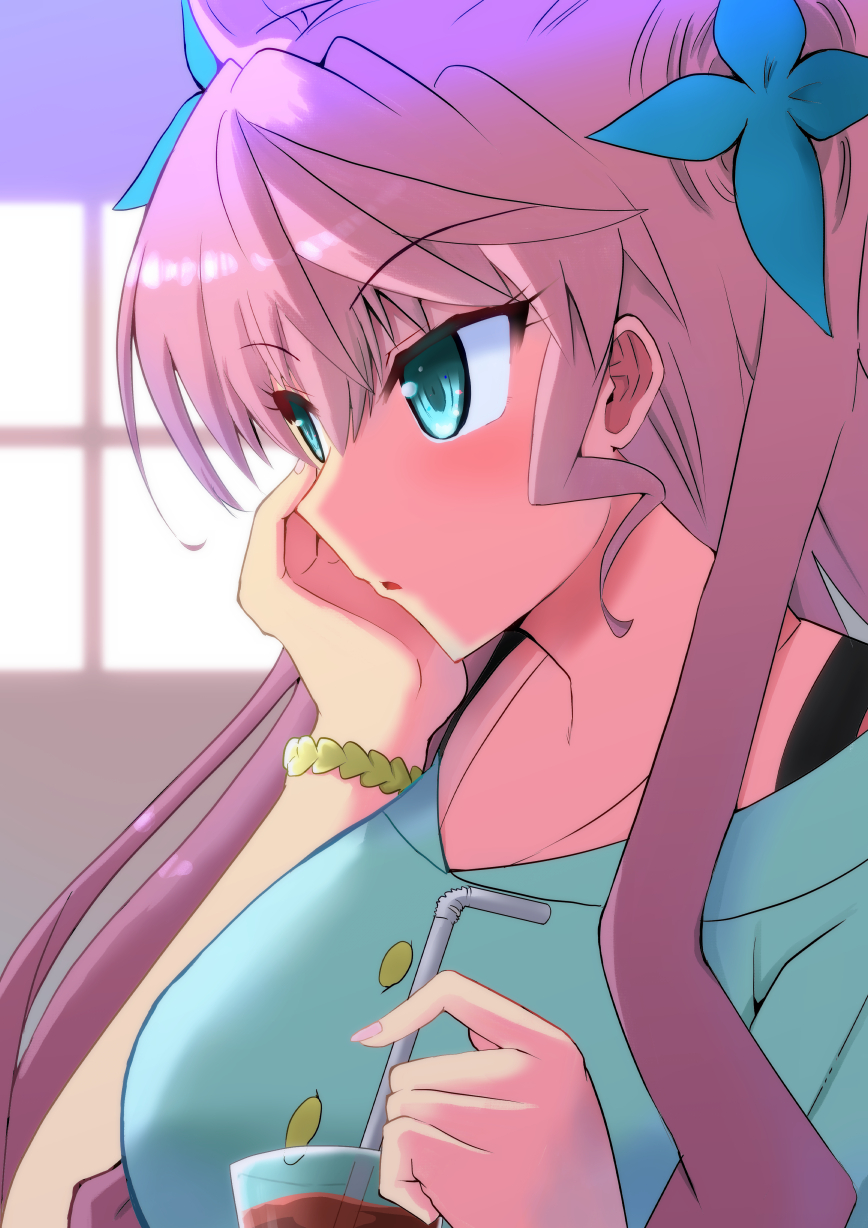 1girl, aqua_eyes, bracelet, breasts, cup, drinking_glass, drinking_straw, fingernails