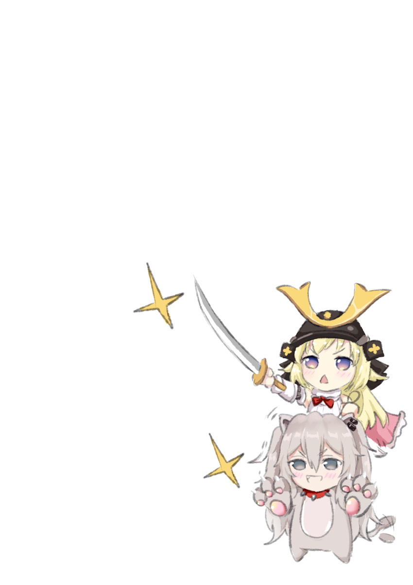 2girls, absurdres, animal_costume, animal_ears, armor, bangs, blonde_hair, blush, cape, carrying, chibi, collar, commentary_request, eyebrows_visible_through_hair, grey_eyes, hair_between_eyes, helmet, highres, holding, holding_sword, holding_weapon, hololive, japanese_armor, jiejeat, kabuto, katana, lion_ears, lion_girl, lion_tail, long_hair, looking_at_viewer, multiple_girls, negative_space, outstretched_arm, piggyback, pink_cape, sheep_girl, shishiro_botan, sidelocks, silver_hair, simple_background, smile, sparkle, sword, tail, triangle_mouth, tsunomaki_watame, violet_eyes, weapon, white_background