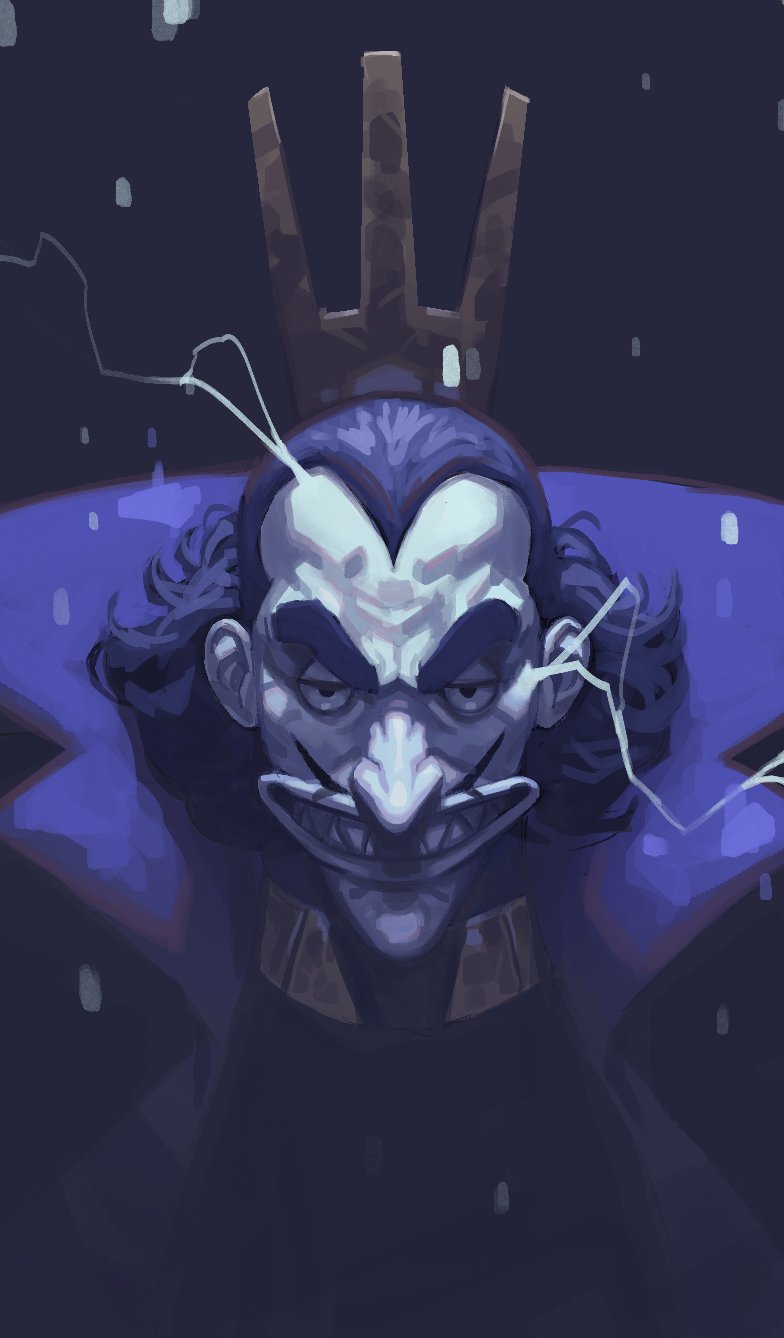1boy, black_background, black_hair, clenched_teeth, coat, cromwaits, desuhaa, electricity, facial_hair, grin, highres, lightning, medium_hair, mustache, ousama_ranking, sharp_teeth, smile, solo, sparks, teeth, thick_eyebrows