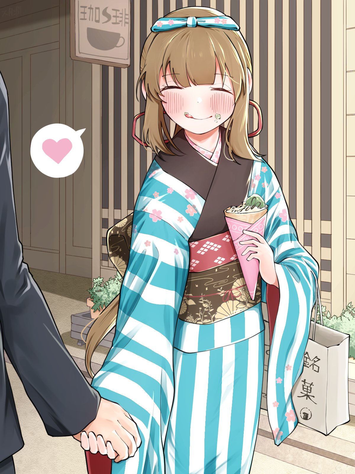 1boy, 1girl, ^_^, bag, blush, brown_hair, closed_eyes, crepe