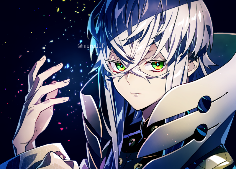 1boy, asclepius_(fate), bangs, fate/stay_night, fate_(series), green_eyes, hair_between_eyes, hand_up
