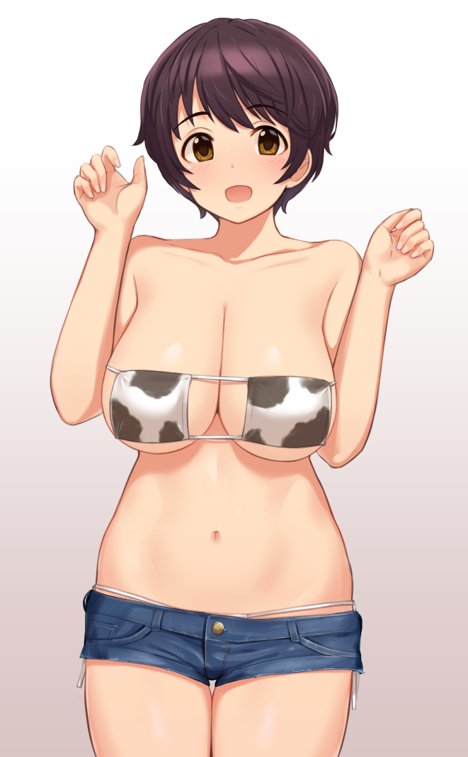 1girl, animal_print, bikini, blue_shorts, blush, breasts, brown_eyes, brown_hair