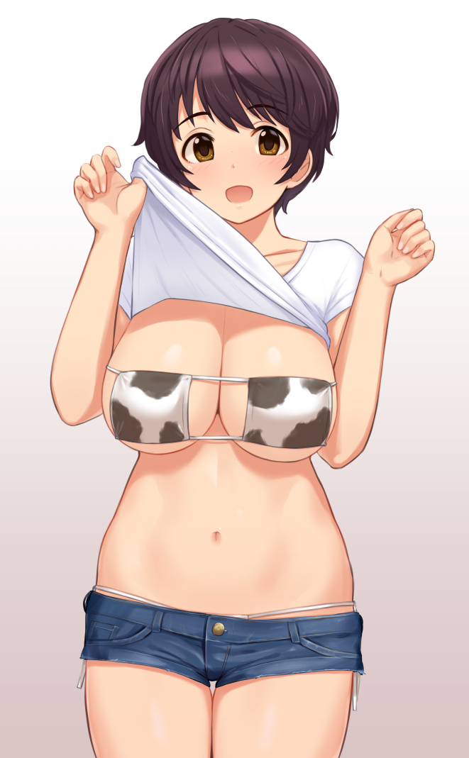 1girl, animal_print, bikini, blue_shorts, blush, breasts, brown_eyes, brown_hair