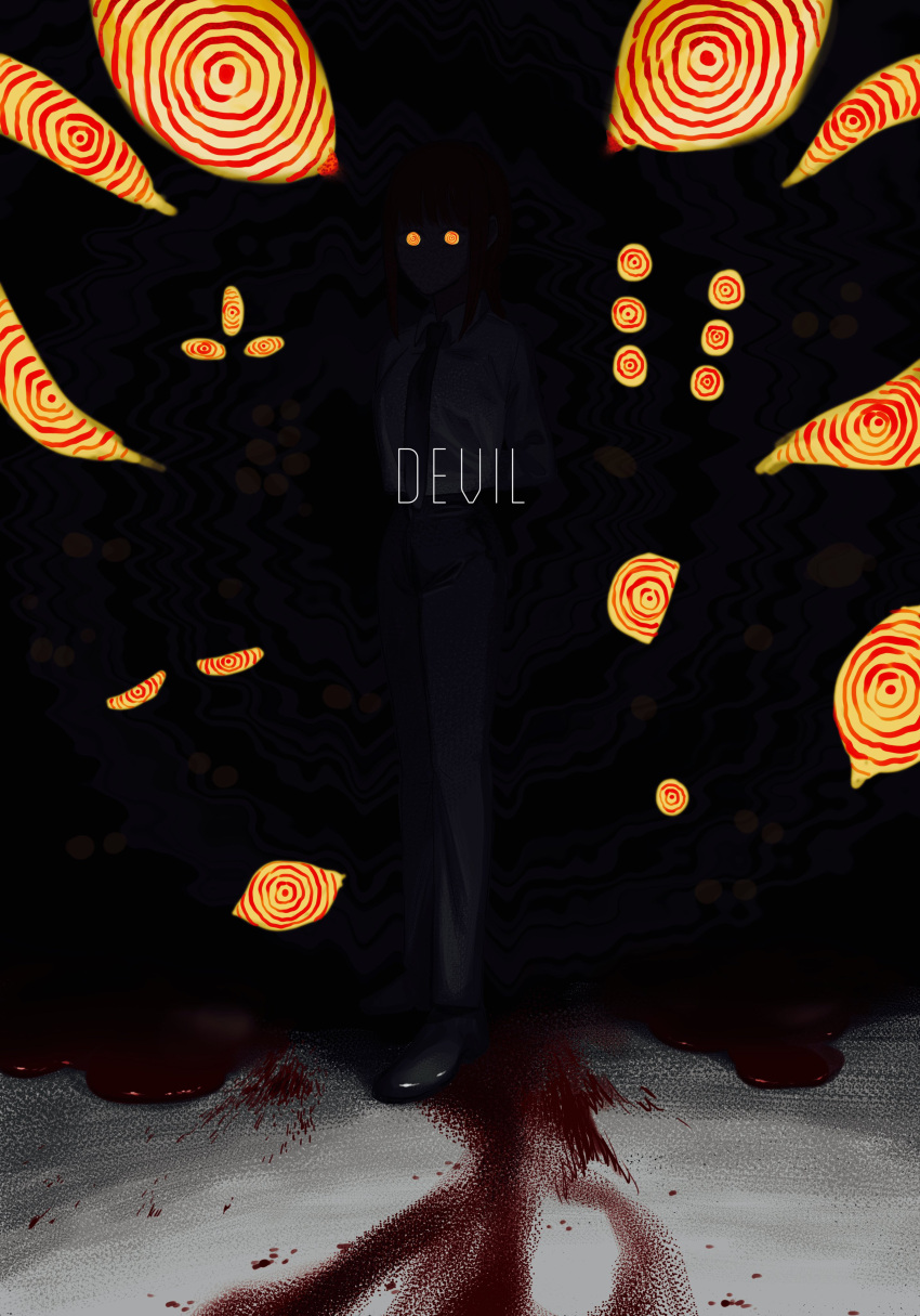 1girl, absurdres, arms_behind_back, bangs, black_footwear, black_necktie, black_pants, blood