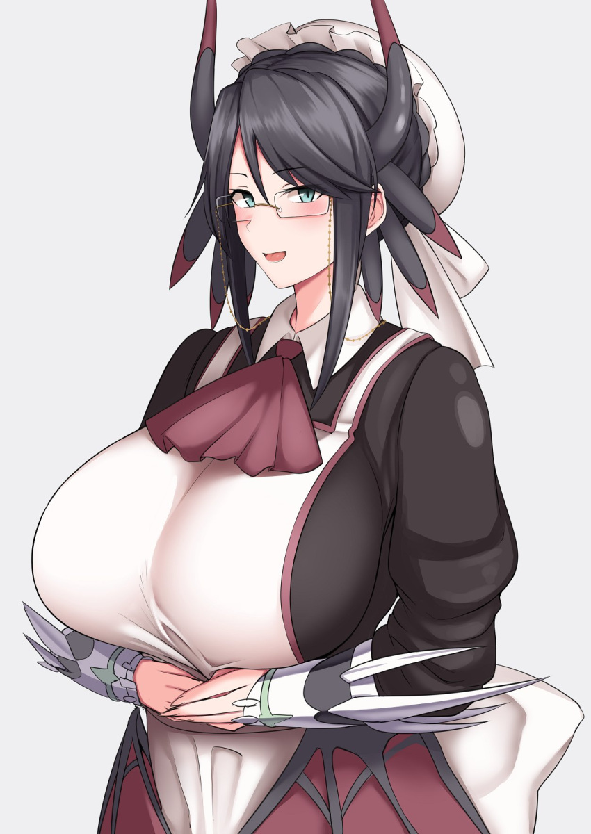 1girl, apron, ascot, black_hair, blue_eyes, blush, breasts, dragon_horns, duel_monster, highres, horns, house_dragonmaid, huge_breasts, juliet_sleeves, long_sleeves, looking_at_viewer, maid_apron, maid_headdress, medium_hair, ootori_subaru, parted_lips, puffy_sleeves, rimless_eyewear, sidelocks, smile, solo, taut_clothes, upper_body, yu-gi-oh!