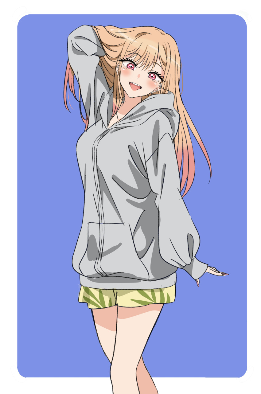 1girl, absurdres, barbell_piercing, bare_legs, blonde_hair, blue_background, blush, ear_piercing