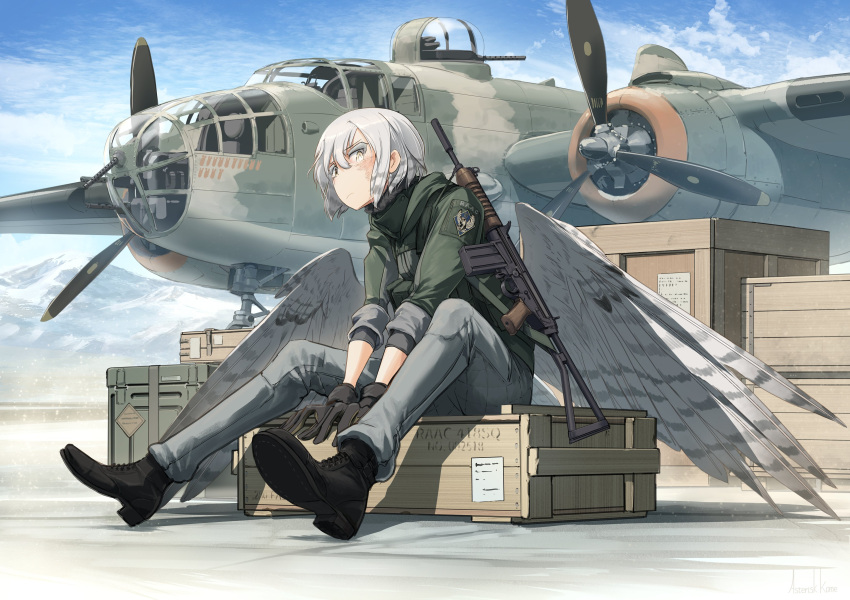 1girl, :/, absurdres, aircraft, airplane, assault_rifle, asterisk_kome, bird_wings