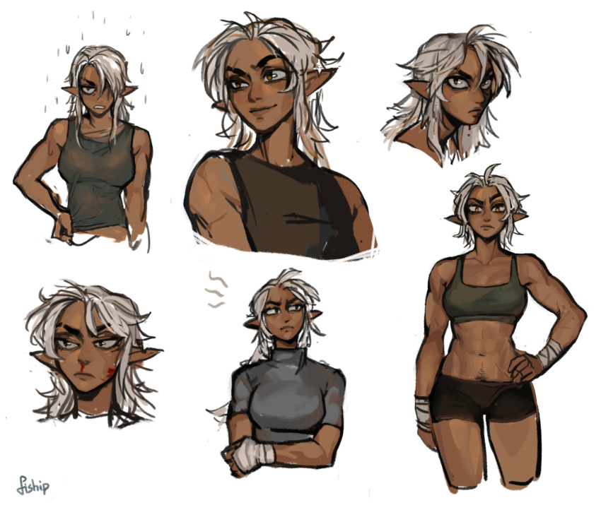 1girl, black_shorts, closed_mouth, dark-skinned_female, dark_skin, female_pubic_hair, grey_shirt, hand_on_hip