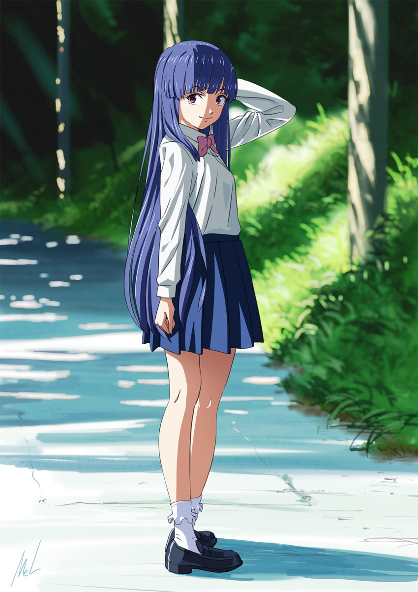 1girl, blue_eyes, blue_hair, bow, bowing, bowtie, furude_rika, highres, higurashi_no_naku_koro_ni, loafers, long_hair, mac_naut, outdoors, pink_bow, pink_bowtie, shirt, shoes, socks, solo, summer, uniform, white_legwear, white_shirt