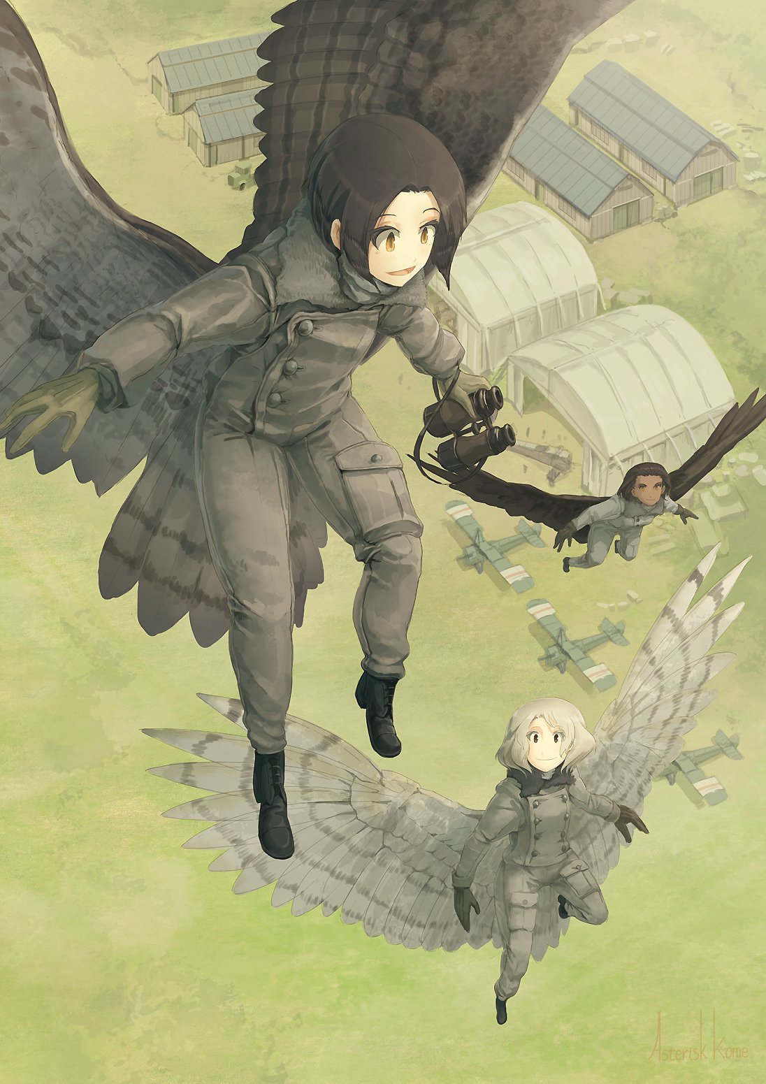 3girls, :d, aircraft, airport, amelia_shaw, asterisk_kome, binoculars, bird_tail