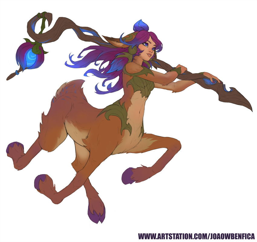 1girl, absurdres, animal_ears, artist_name, bangs, bare_shoulders, blue_eyes, blue_hair, flower, hair_bun, hair_flower, hair_ornament, highres, holding, holding_weapon, joaowbenfica, league_of_legends, lillia_(league_of_legends), long_hair, navel, parted_lips, purple_hair, simple_background, smile, taur, teeth, weapon, web_address, white_background