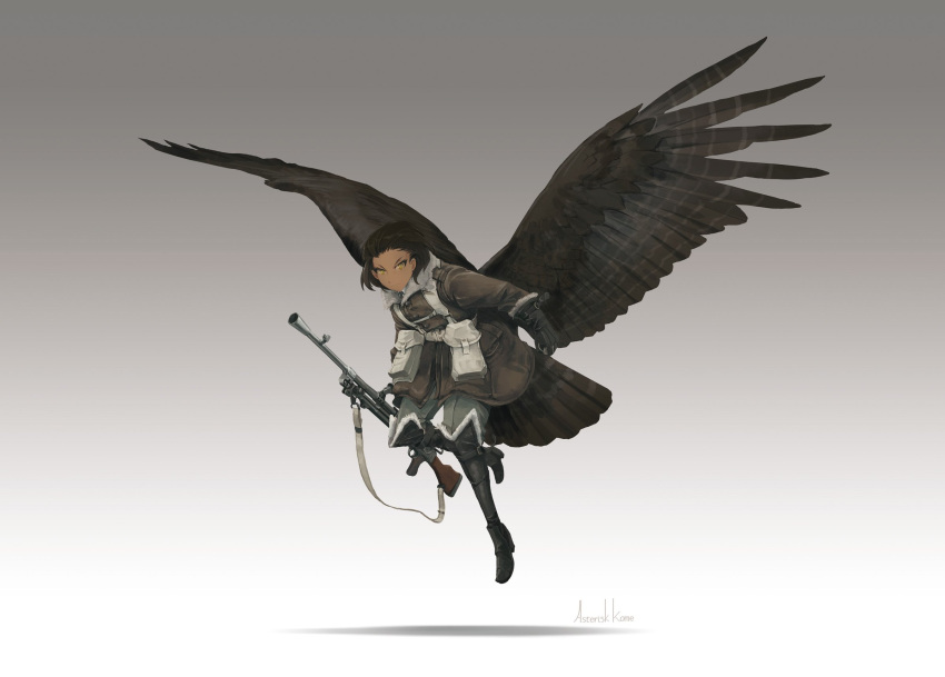 1girl, asterisk_kome, bird_tail, bird_wings, black_hair, black_wings, brown_eyes, commentary_request, dark-skinned_female, dark_skin, flying, gloves, grey_background, gun, highres, holding, holding_gun, holding_weapon, low_wings, marut_(winged_fusiliers), military, short_hair, signature, simple_background, tagme, tail, weapon, weapon_request, winged_fusiliers, wings
