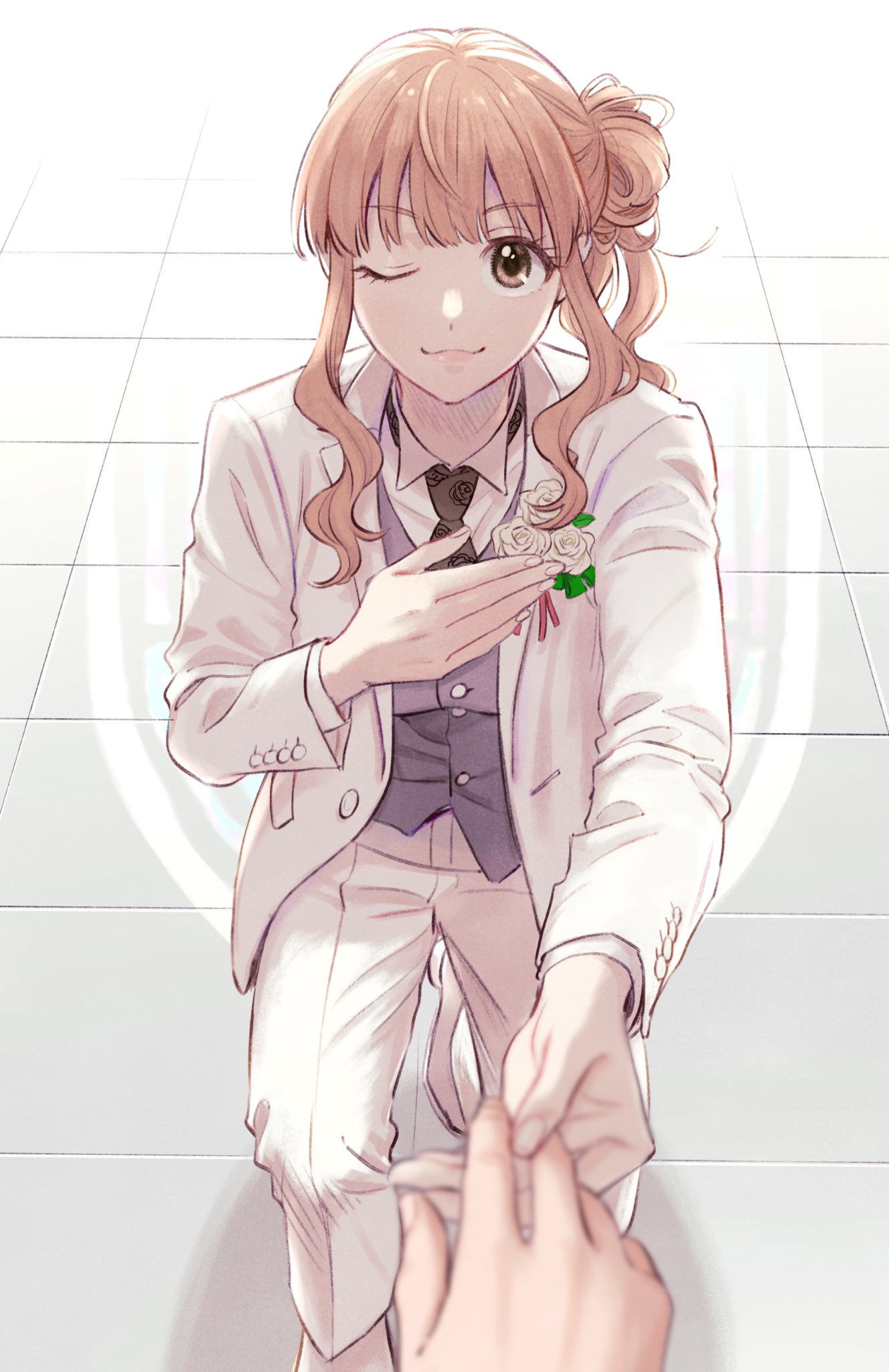 1girl, brown_hair, floral_print, flower, formal, gaburizawa, groom, hair_bun, hand_on_own_chest, highres, idolmaster, idolmaster_cinderella_girls, kneeling, moroboshi_kirari, necktie, one_eye_closed, pov, side_ponytail, suit, vest, white_suit